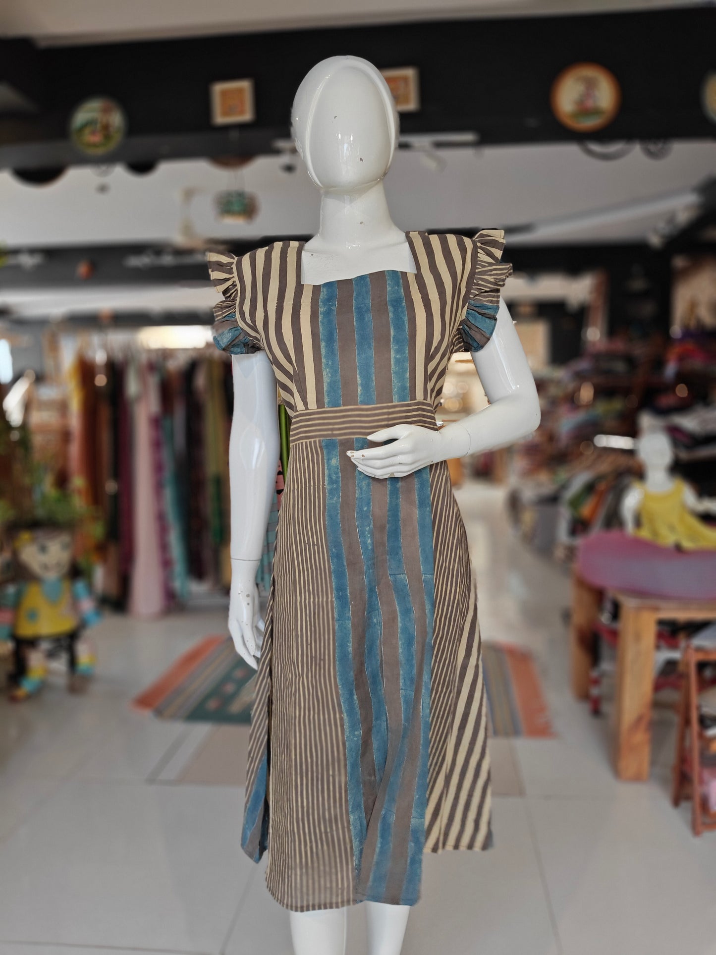 Cream, blue handblock printed striped cotton dress