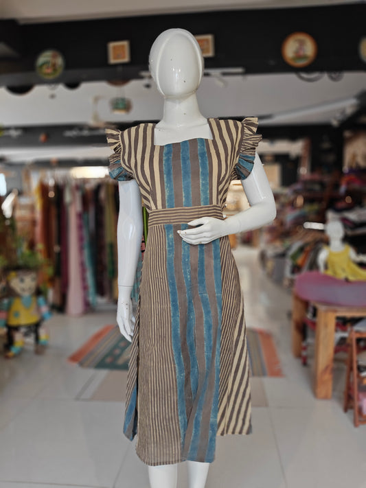 Cream, blue handblock printed striped cotton dress