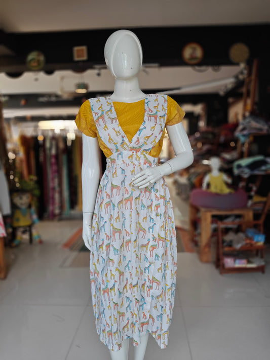 White with giraffes handblock printed cotton pinafore dress