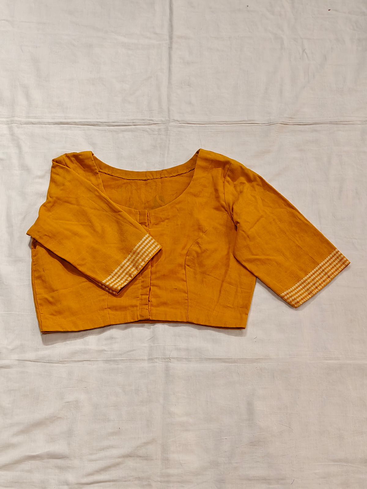 Mango yellow handloom cotton elbow sleeves hand-painted lotuses blouse with borders