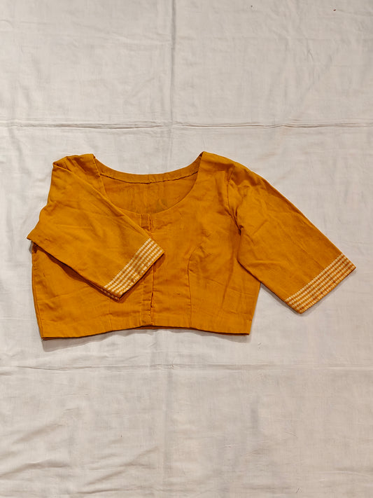 Mango yellow handloom cotton elbow sleeves hand-painted lotuses blouse with borders