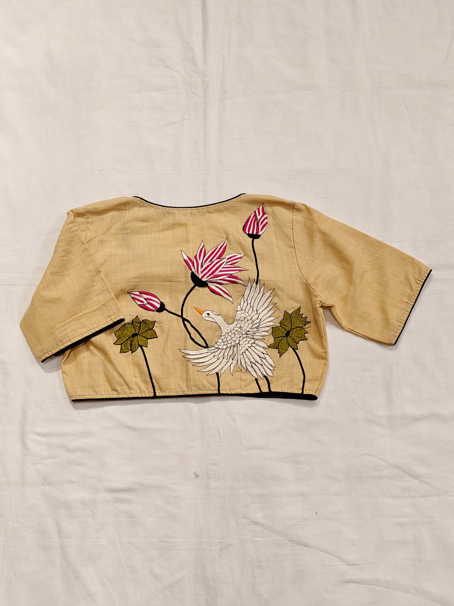 Beige cotton crane and lotuses embroidery cotton blouse
