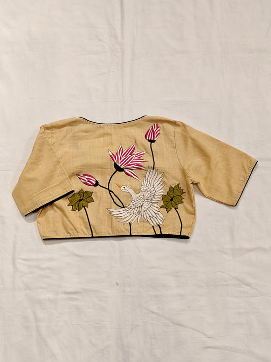 Beige cotton crane and lotuses embroidery cotton blouse