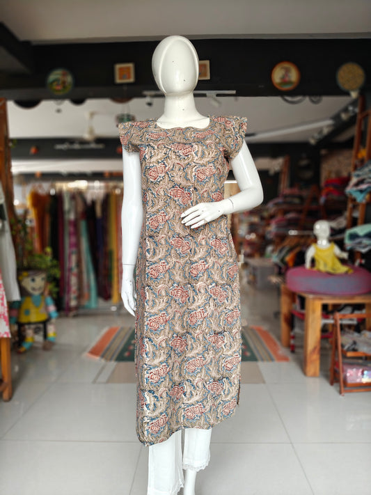 Beige n red floral Kalamkari handblock printed cotton kurti