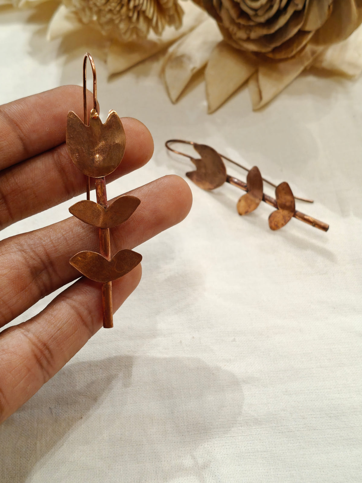 Branched flower design handcrafted copper earrings