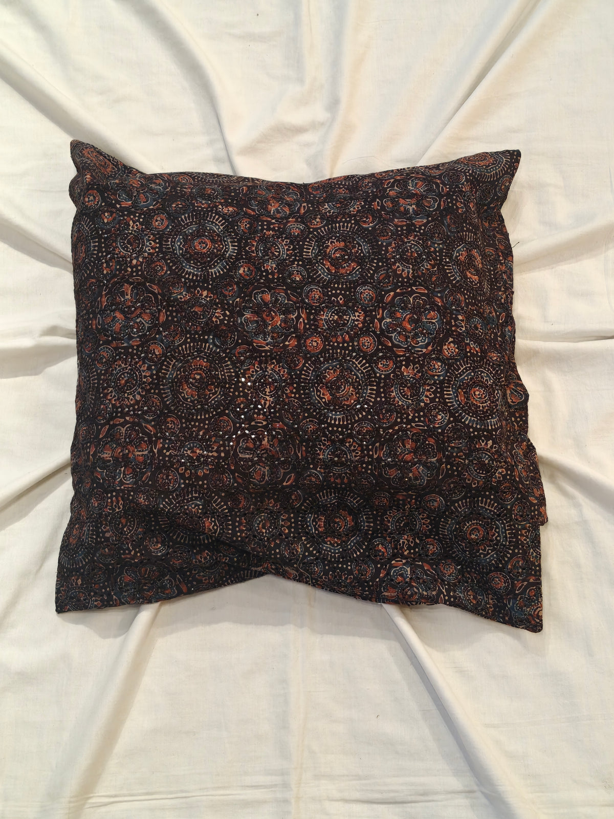Black Ajrakh hakoba cotton cushion cover : 20 x 20 inches size
