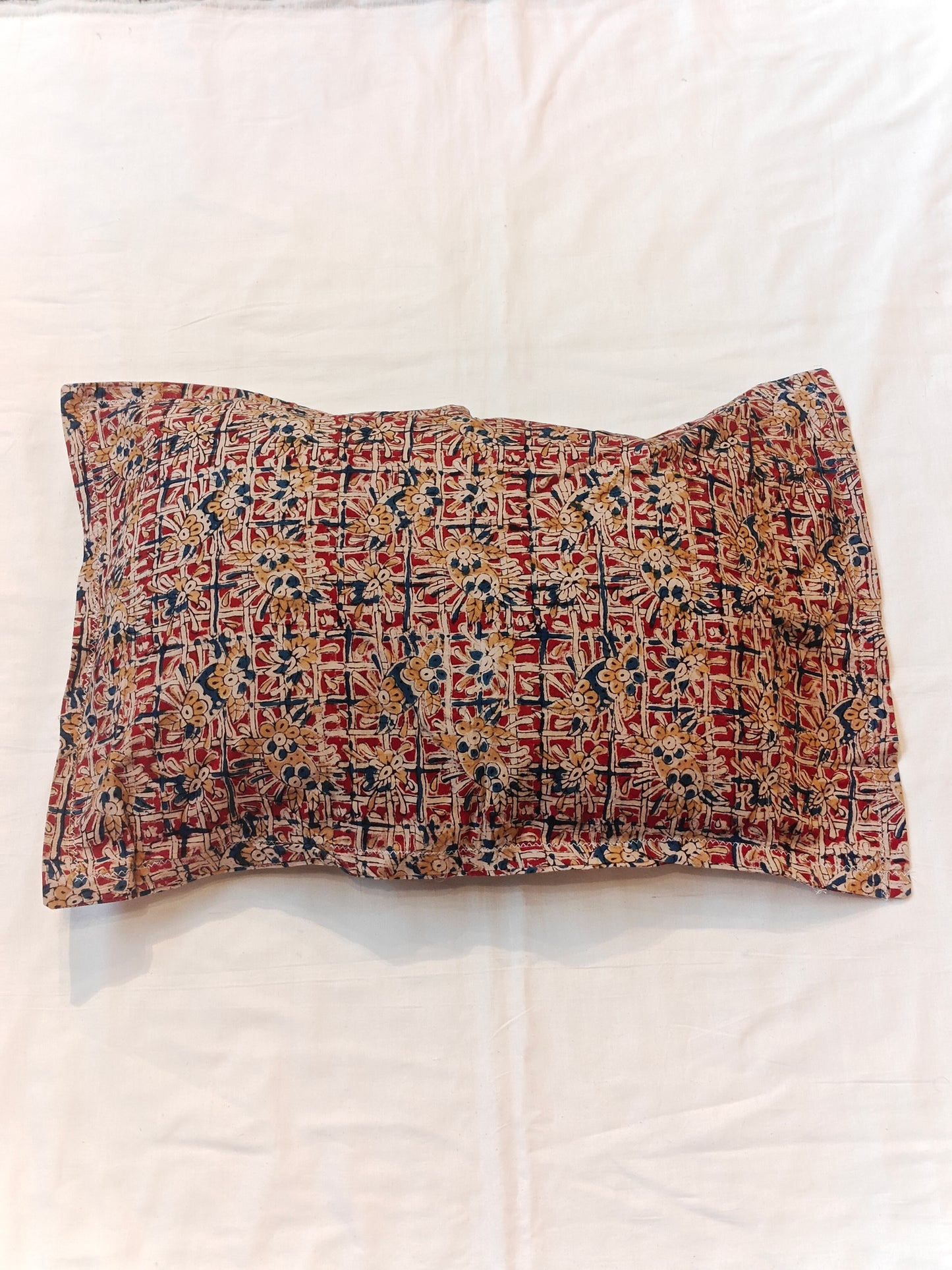 Maroon beige floral Kalamkari hand block printed cotton pillow cover