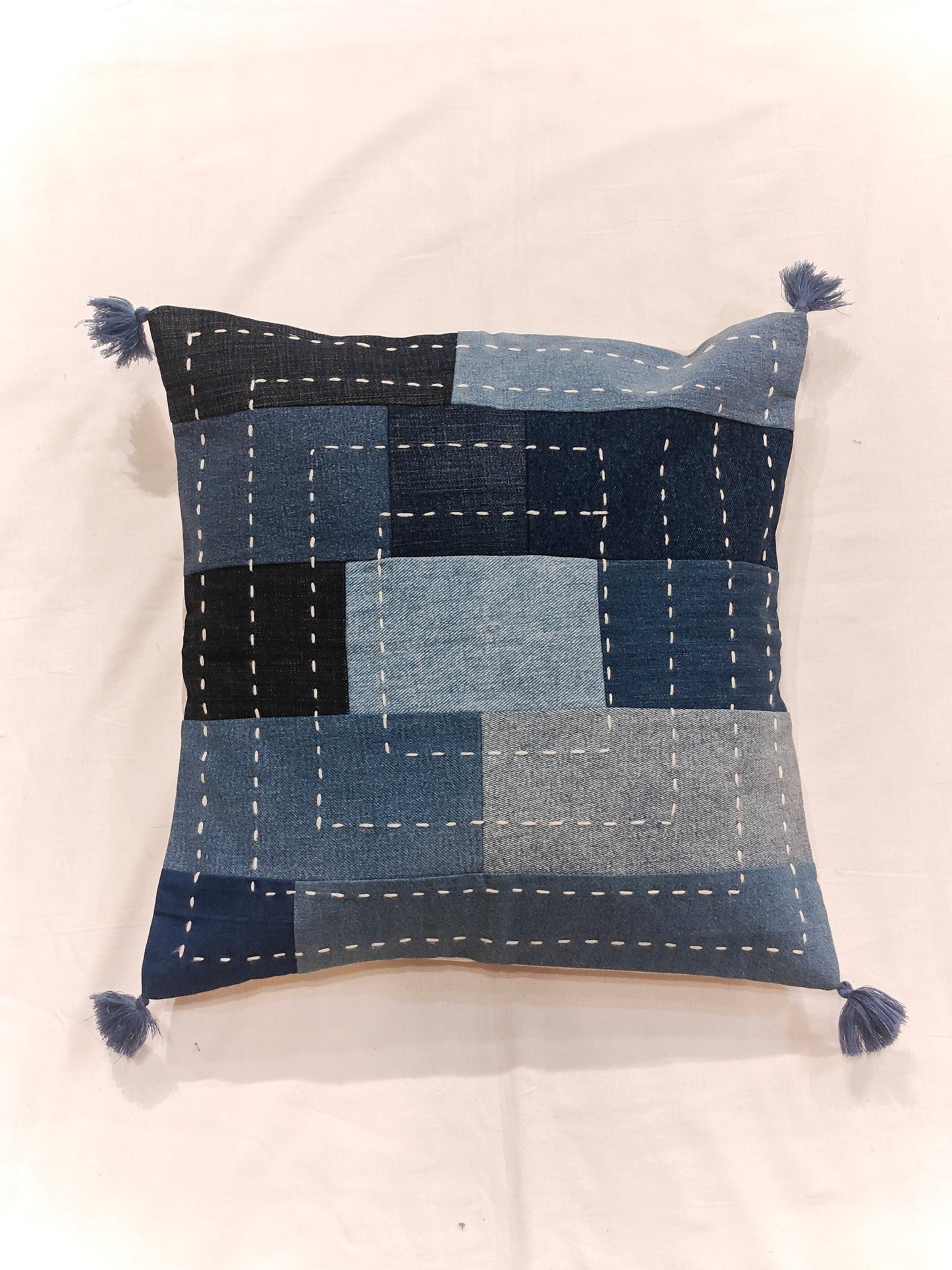 Handloom Cushion cover in denim patches