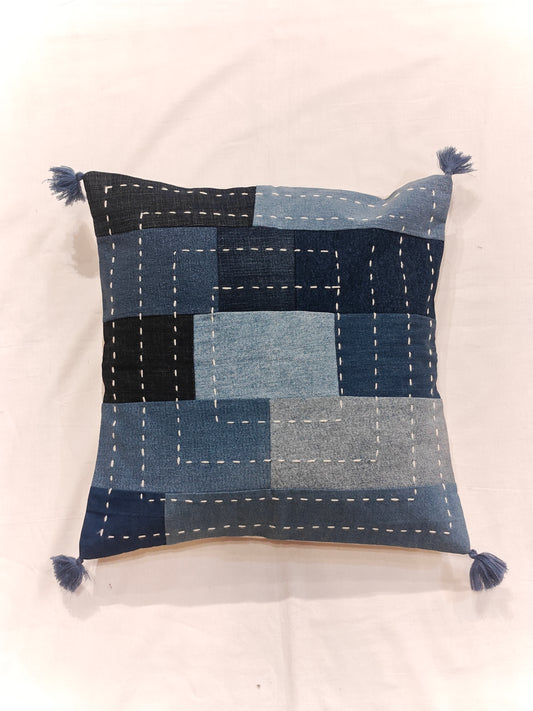 Handloom Cushion cover in denim patches