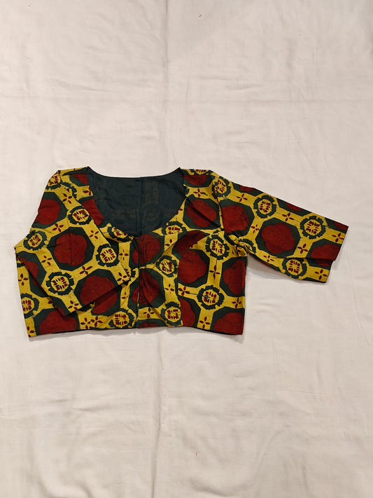 Yellow and red Ajrakh handblock printed elbow sleeved, v-neck cotton blouse