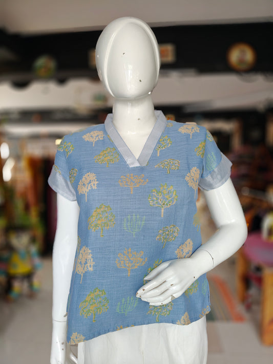 Blue trees linen printed top with grey neckline and sleeves