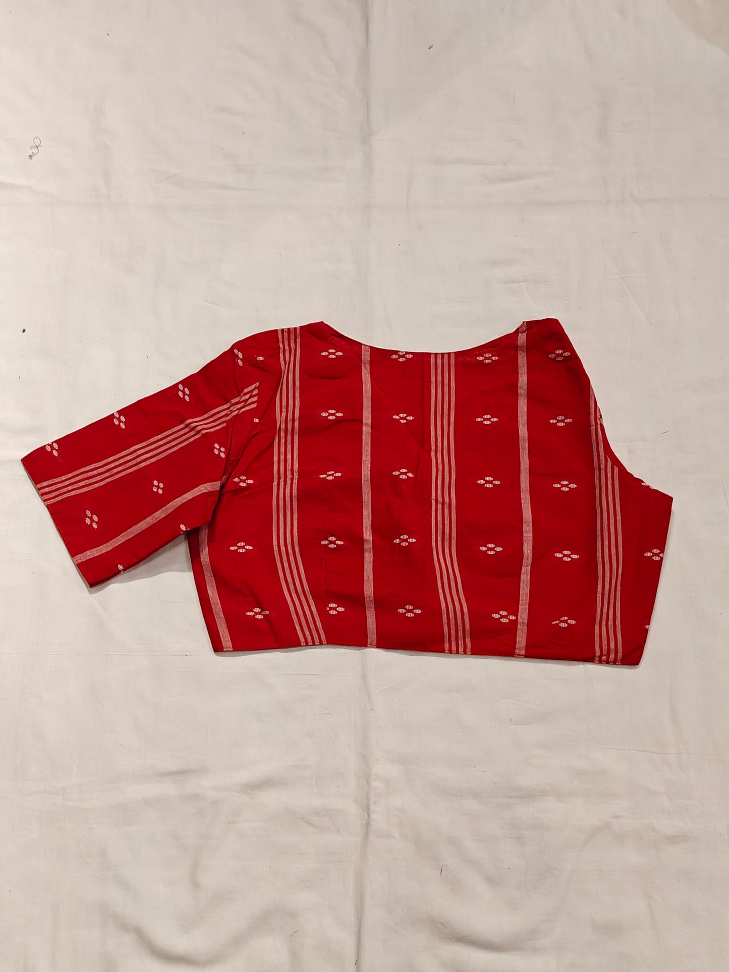 Red n white striped jamdani elbow sleeved cotton blouse