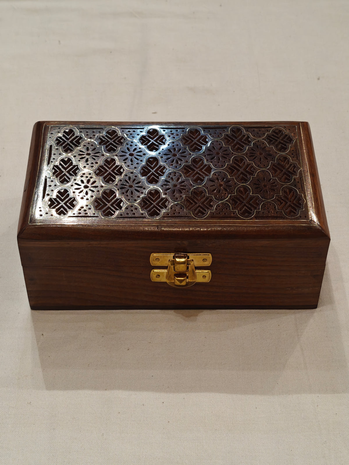 Brass inlay work wooden jewellery box - 6 × 3.5 × 2.5 Inches