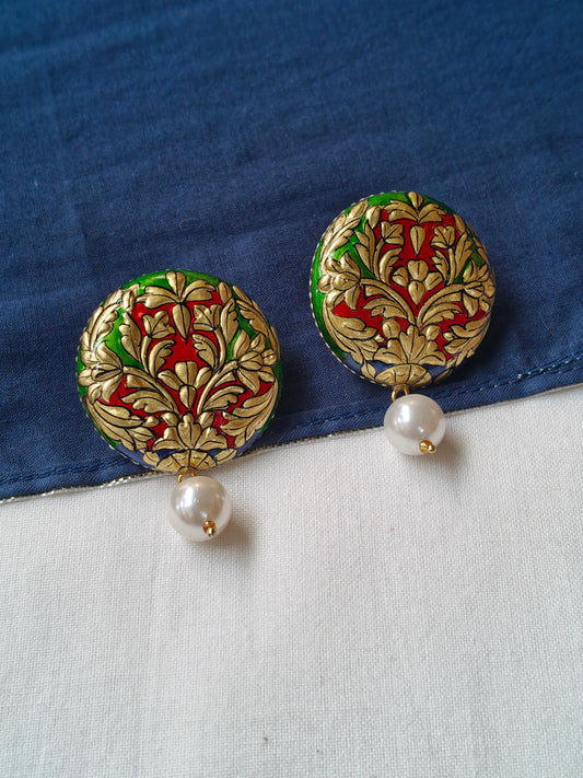 Gold embossed round with pearl stud earrings