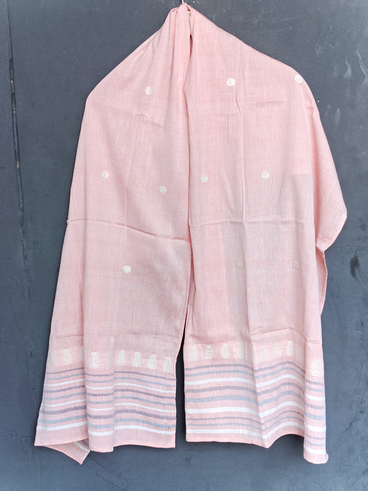 Light peach handloom bamboo x cotton stole with white floral butis and striped border