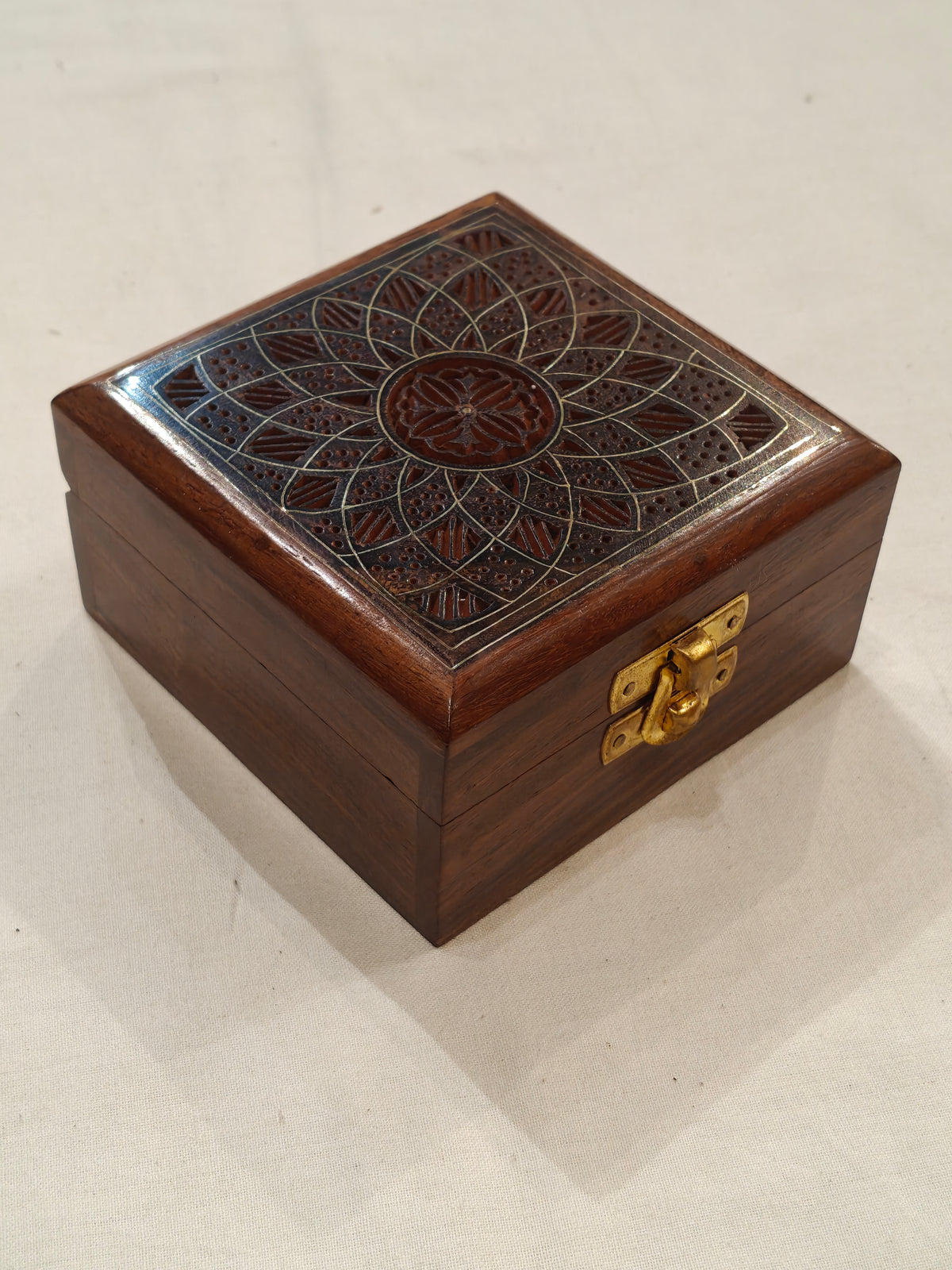 Brass inlay work wooden jewellery box - 4 × 4 × 2 Inches