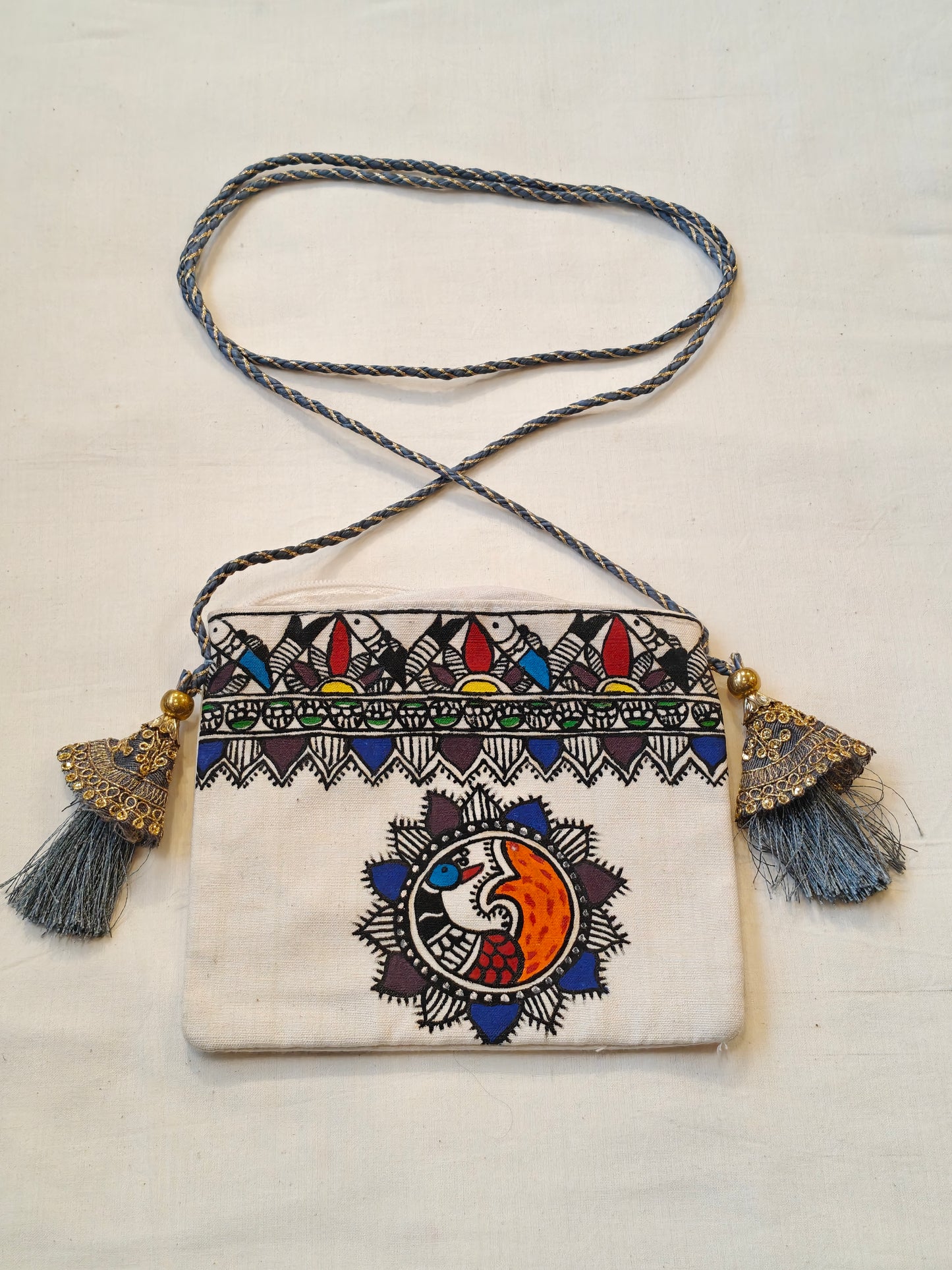 Handpainted on off white base fabric pouch with zipper closure, Tassles and sling - multiple designs available