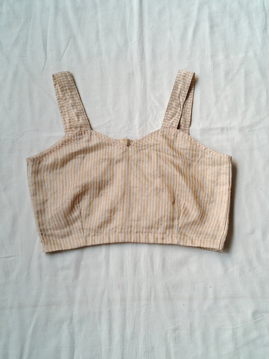 Gold and off white striped sleeveless handloom silk tissue blouse