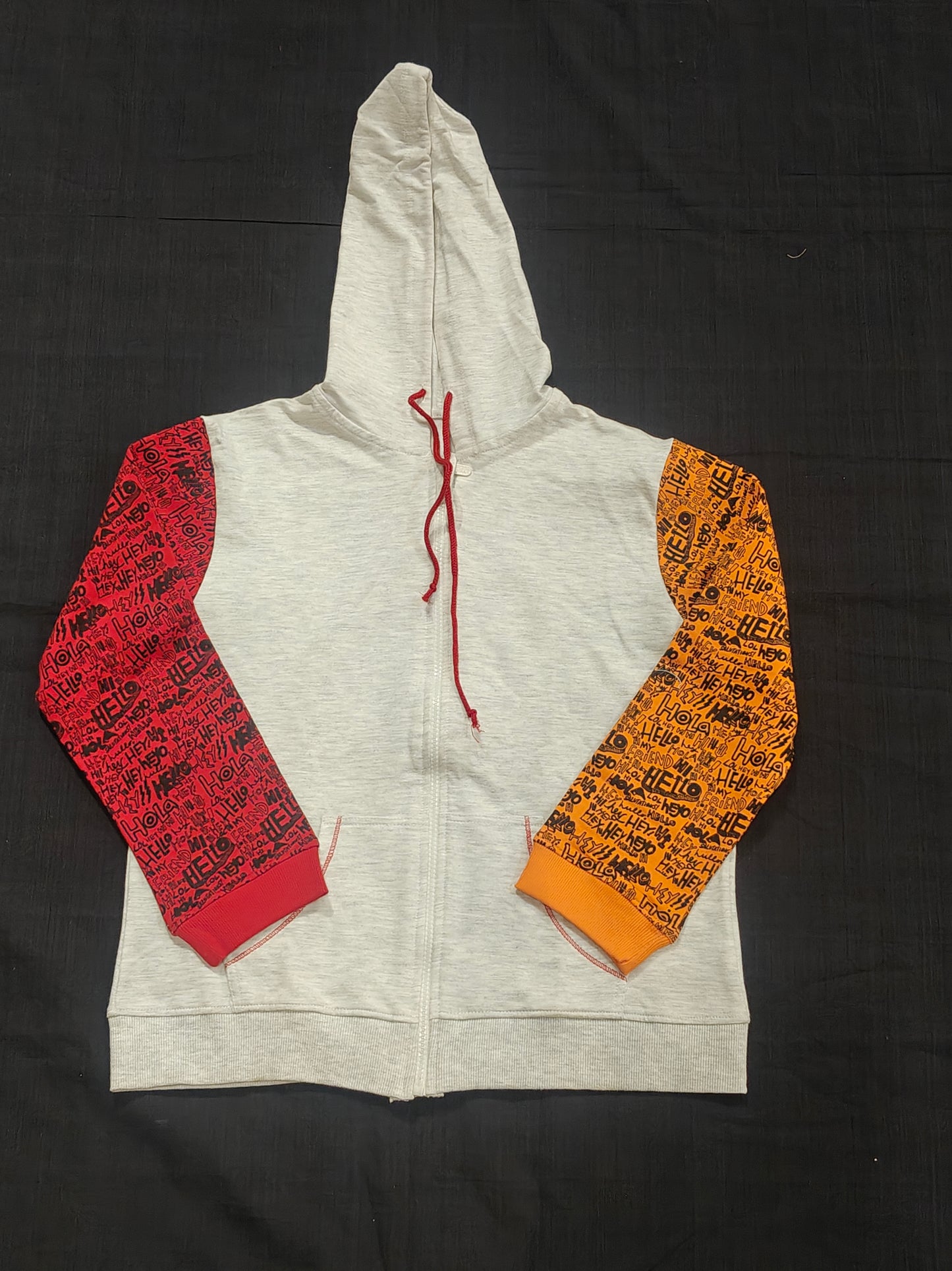 Grey hoodie for kids with graffiti prints on sleeves