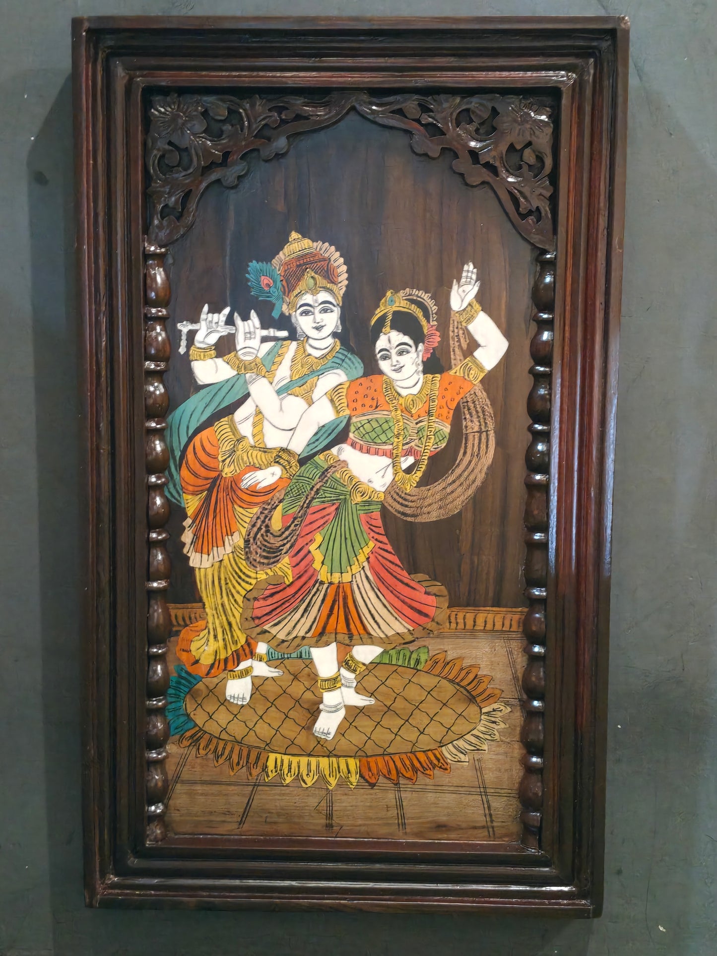 Dancing Krishna and Radha wood inlay work handcrafted wall frame