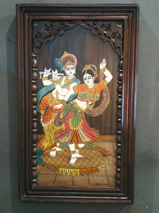Dancing Krishna and Radha wood inlay work handcrafted wall frame