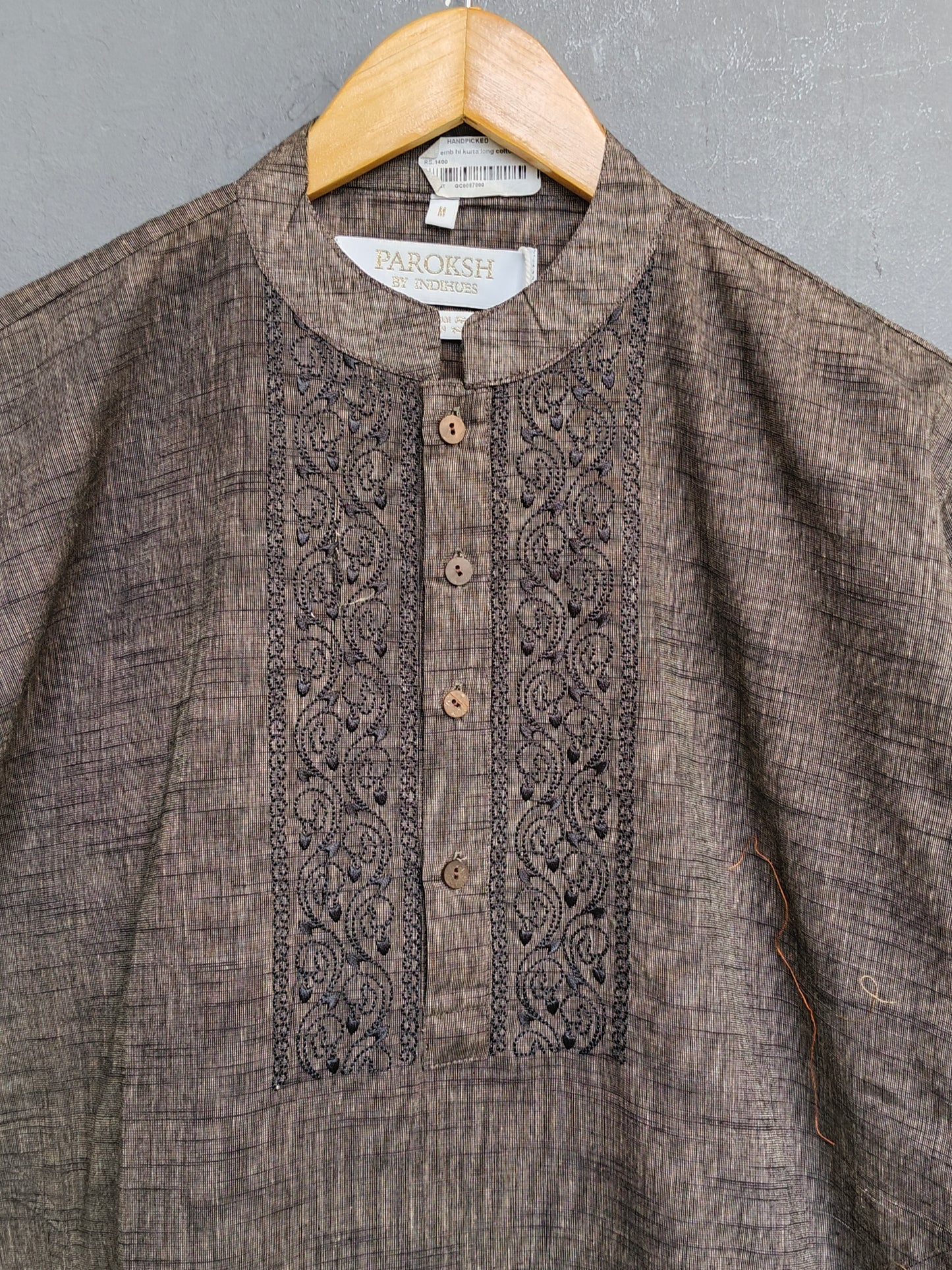 Seaweed green embroidered cotton long kurta for men