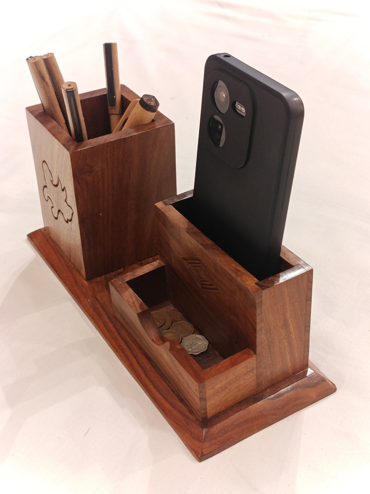 Brass inlay work wooden multipurpose desk organizer