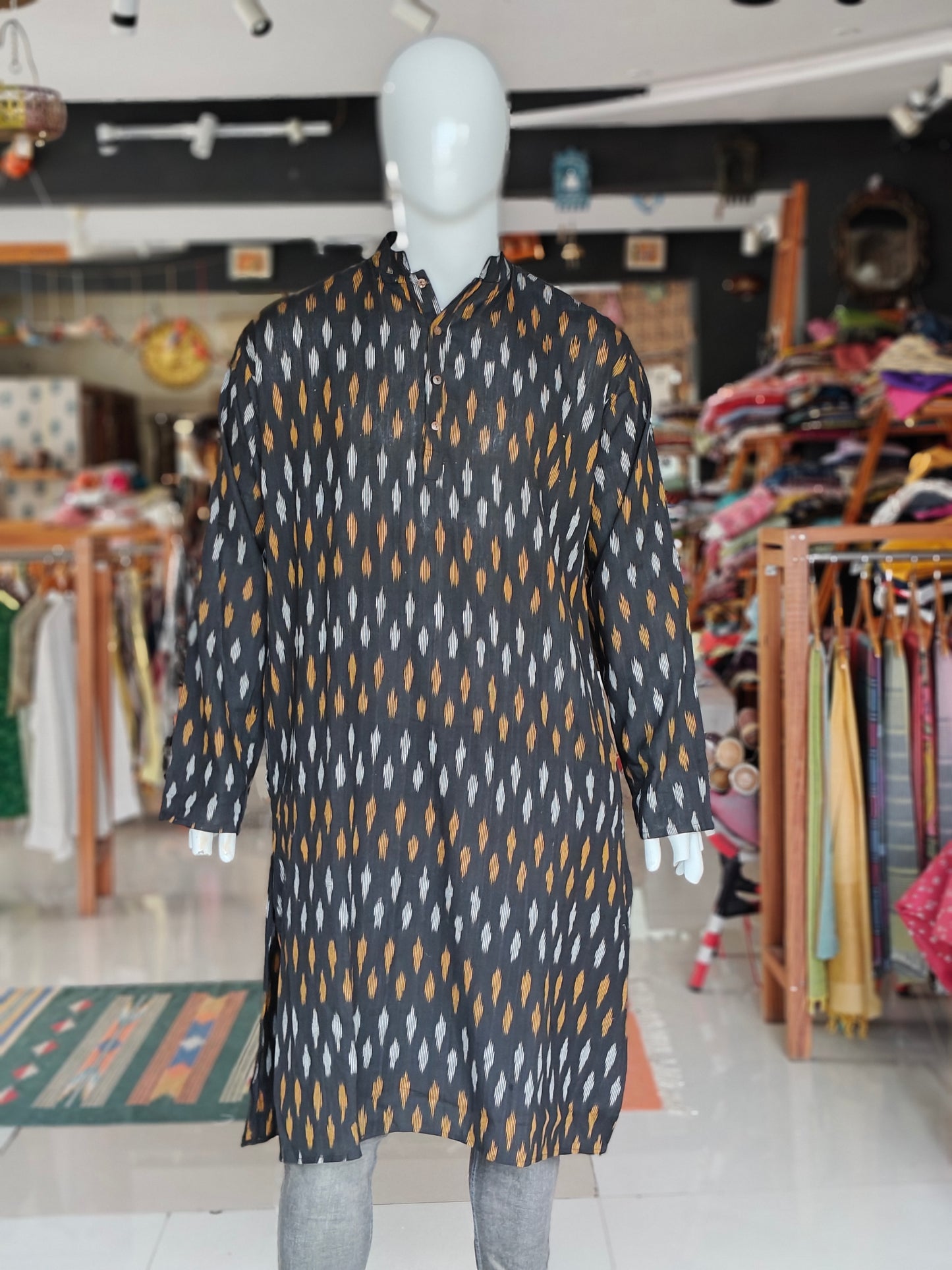 Black and yellow ikat full sleeves long kurta for men