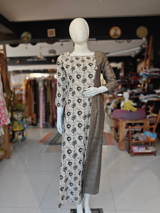 Cream n black hand block printed flowers and stripes cotton dress