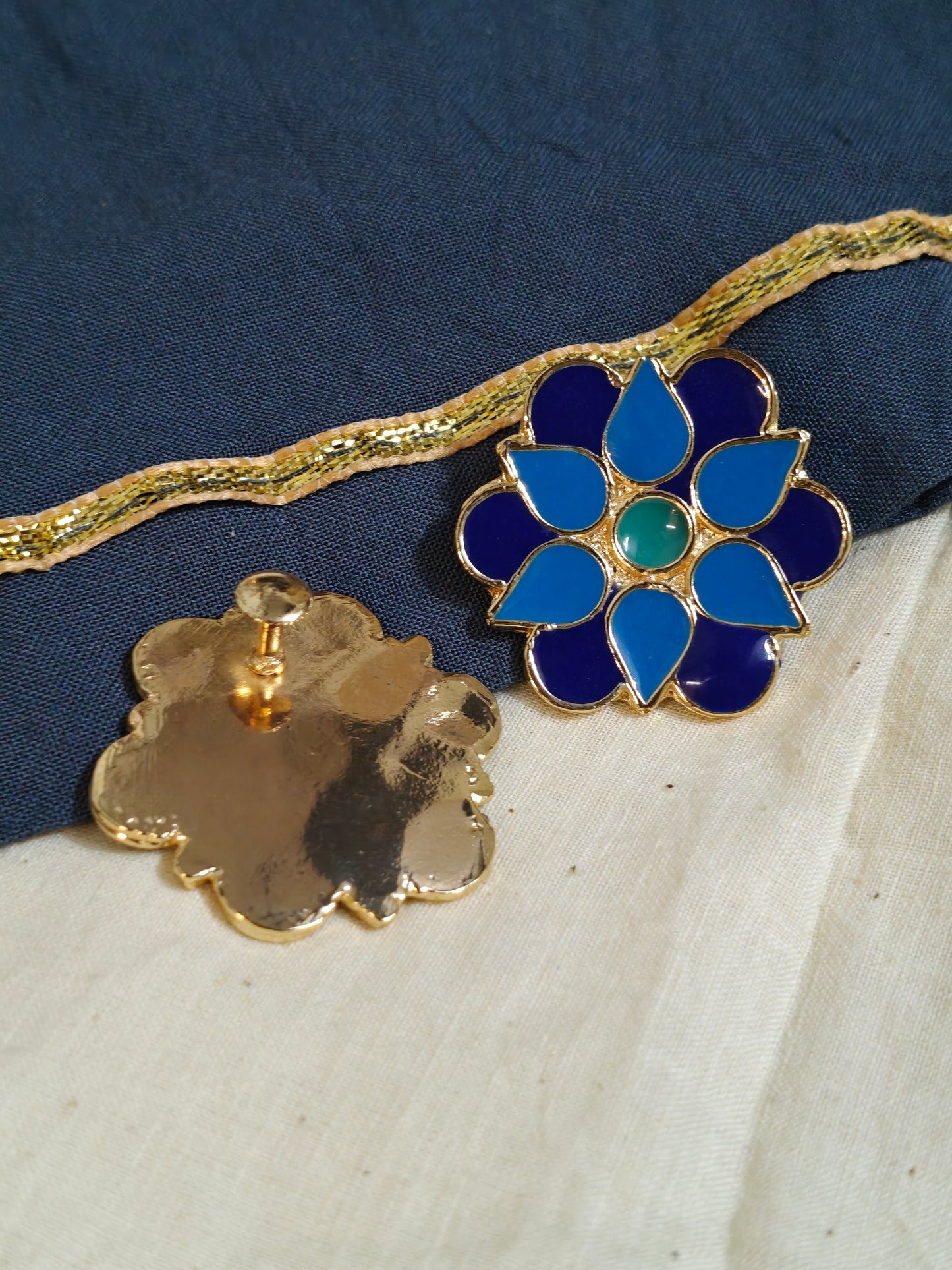 Blue green enamel flower studs earrings - handcrafted in copper - available in copper, silver n gold finish