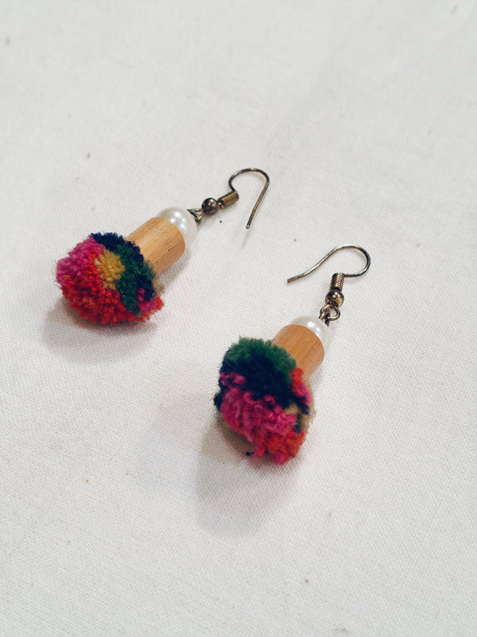Colorful handmade pom pom hook bamboo earrings