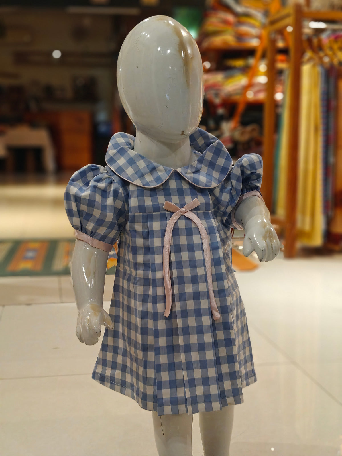 Blue n white checks with pink bow tie puffed sleeved frock with shorts - 2 piece set