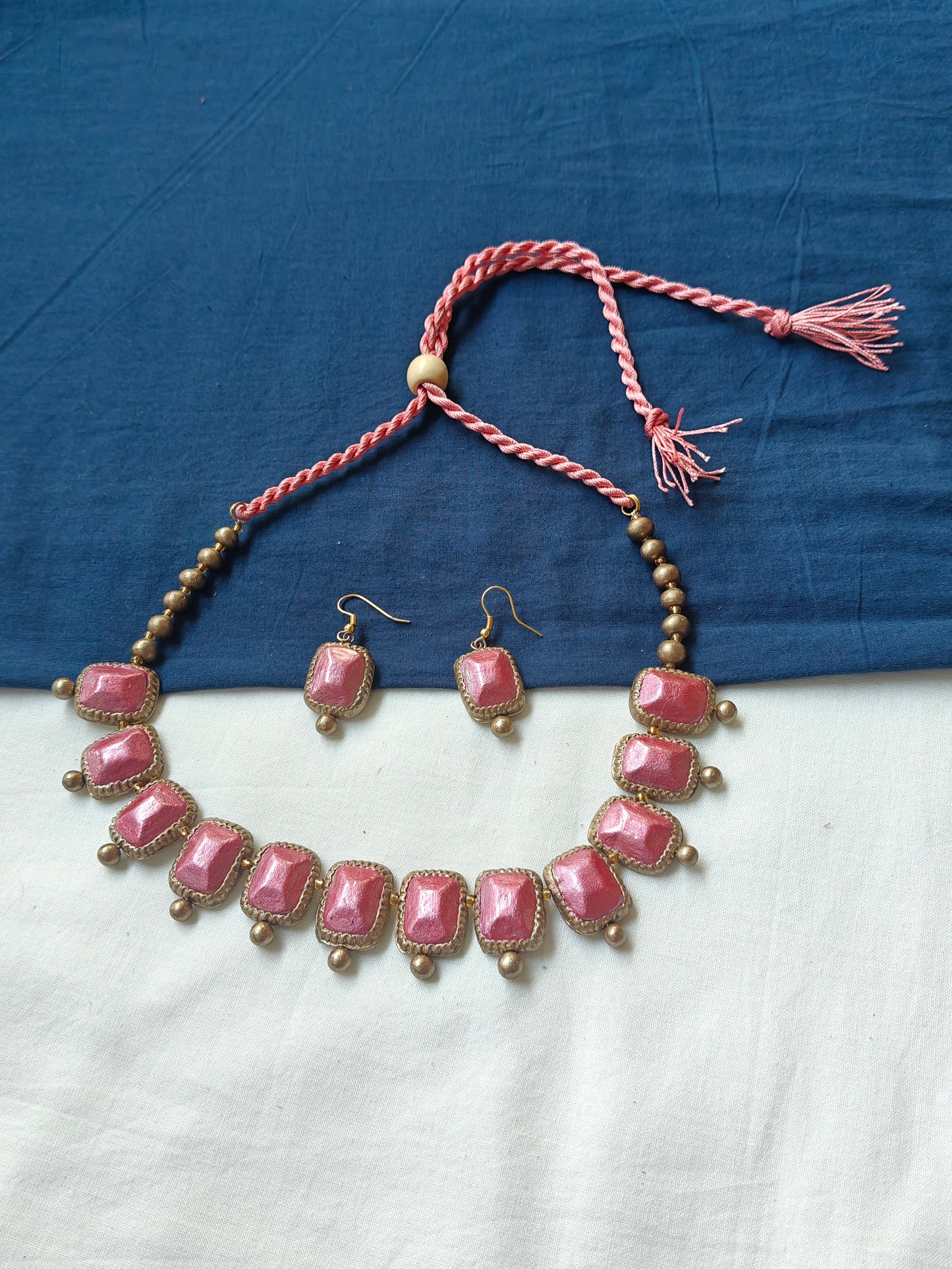 Pink and gold handcrafted, handpainted terracotta Neck piece and earrings set