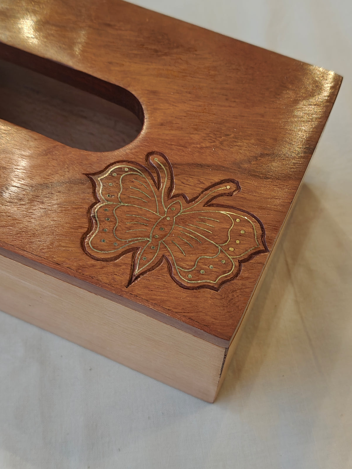 Wooden tissue holder with brass inlay butterfly design