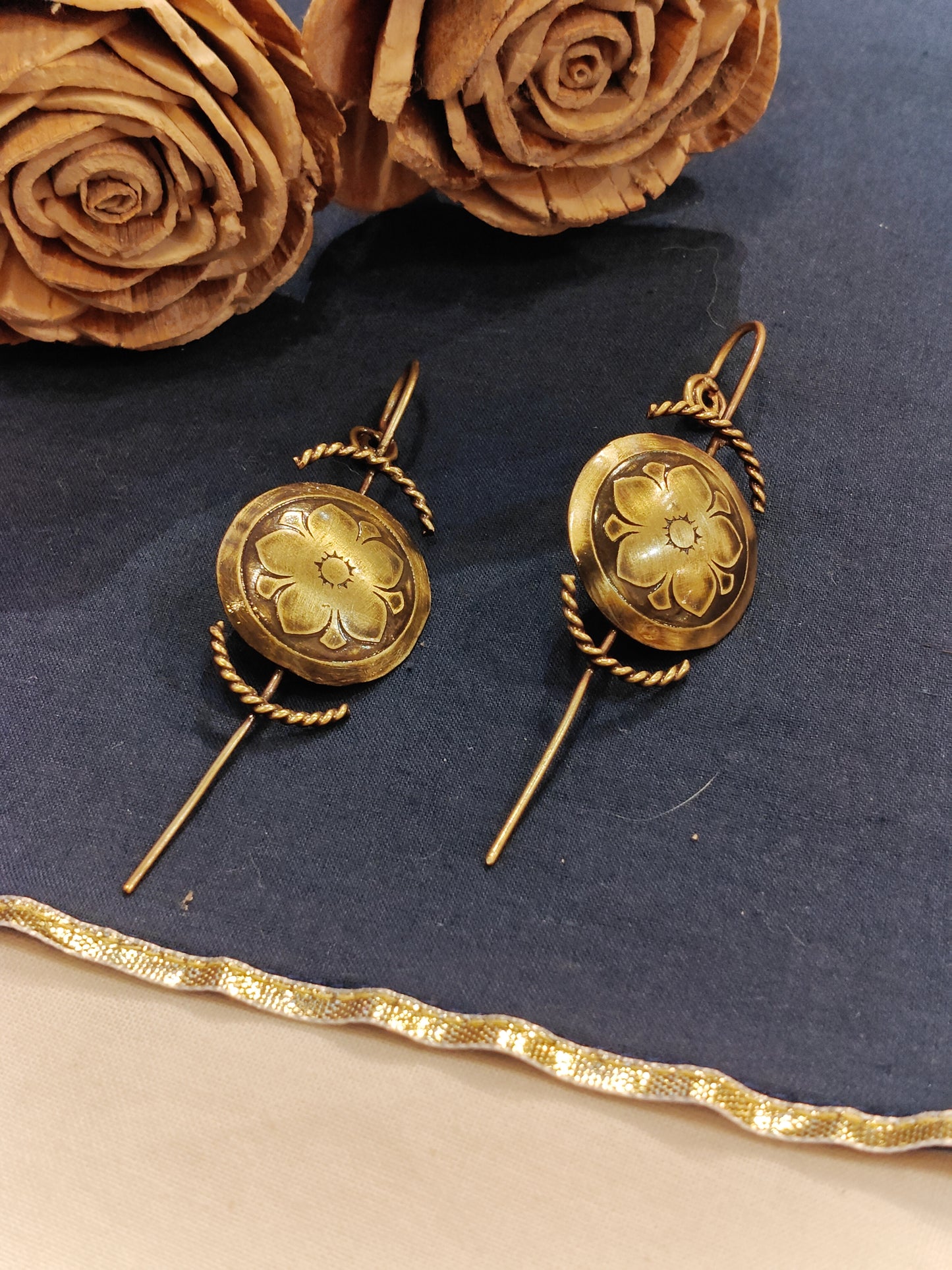 Convex flower design handcrafted copper brass ear bugidis/ clip on