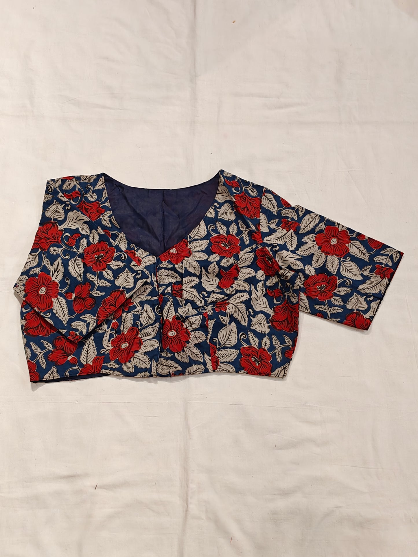 Red n grey floral prints on Indigo cotton blouse
