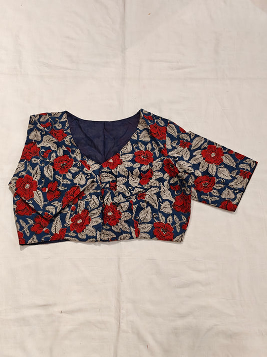 Red n grey floral prints on Indigo cotton blouse