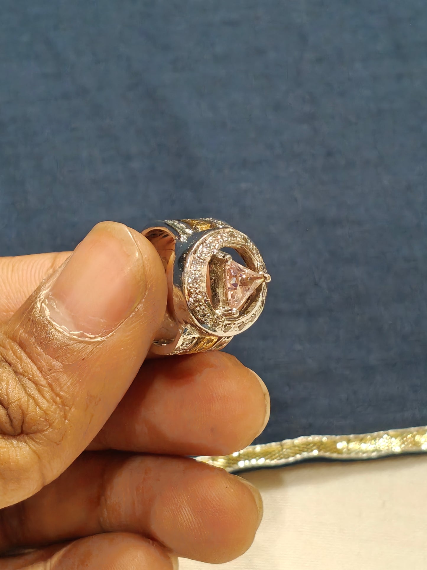 Pink triangular stone with white stone work finger ring