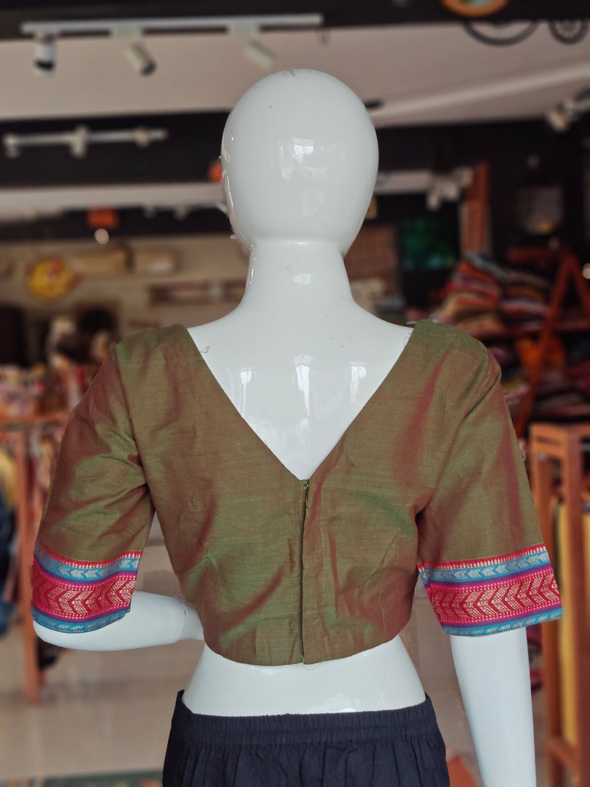 Methi green elbow sleeves cotton blouse with contrasting borders on sleeves
