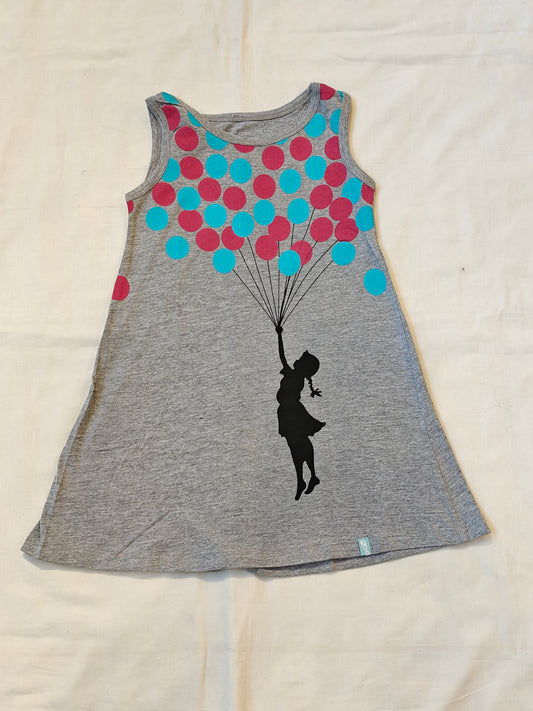 Grey A-line knit cotton dress with girl holding balloons print