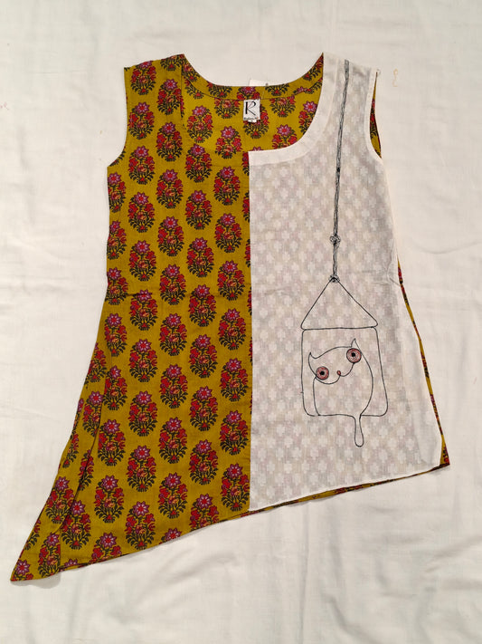 Green and white floral hand embroidered cotton short top