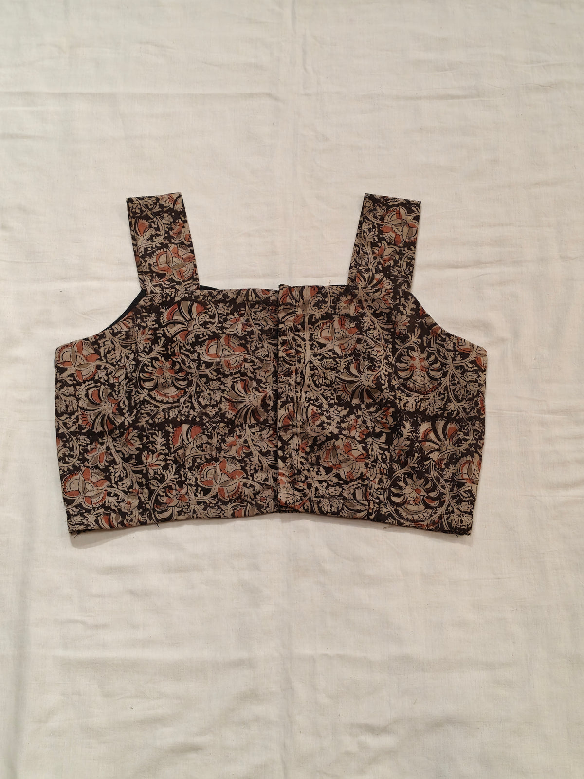Black and grey floral kalamkari hand block printed floral printed cotton blouse  - back open, sleeveless