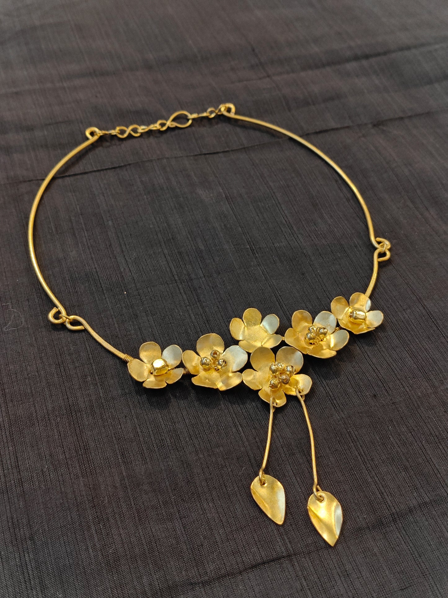 Flowers and leaves pendants handcrafted brass neckpiece
