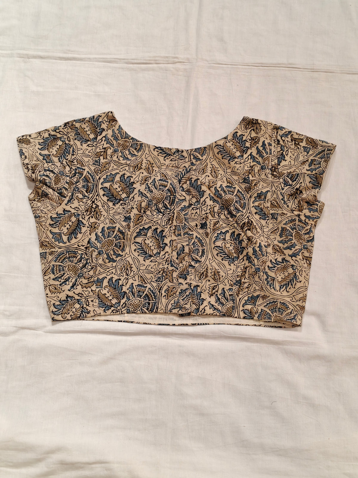 Beige olive and blue kalamkari floral printed cotton blouse  - back open