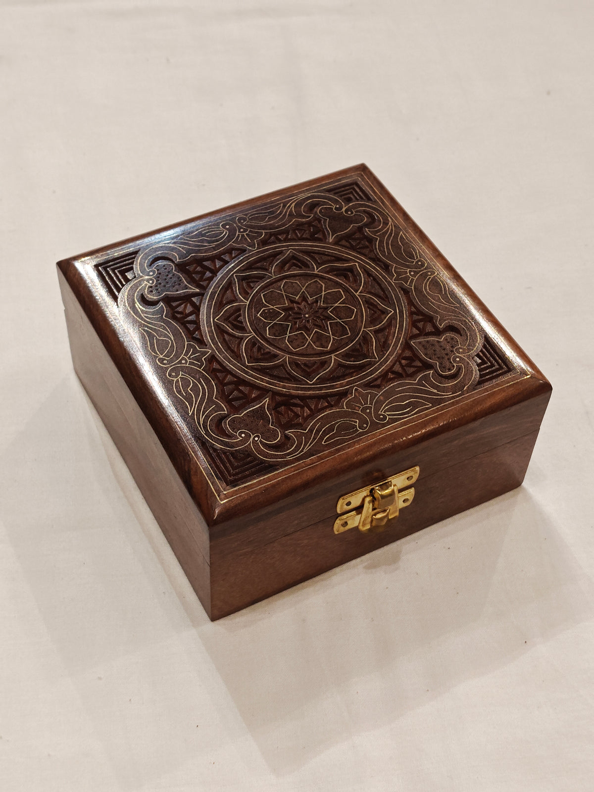 Brass inlay work wooden jewellery box - 5 × 5 × 2.5 Inches
