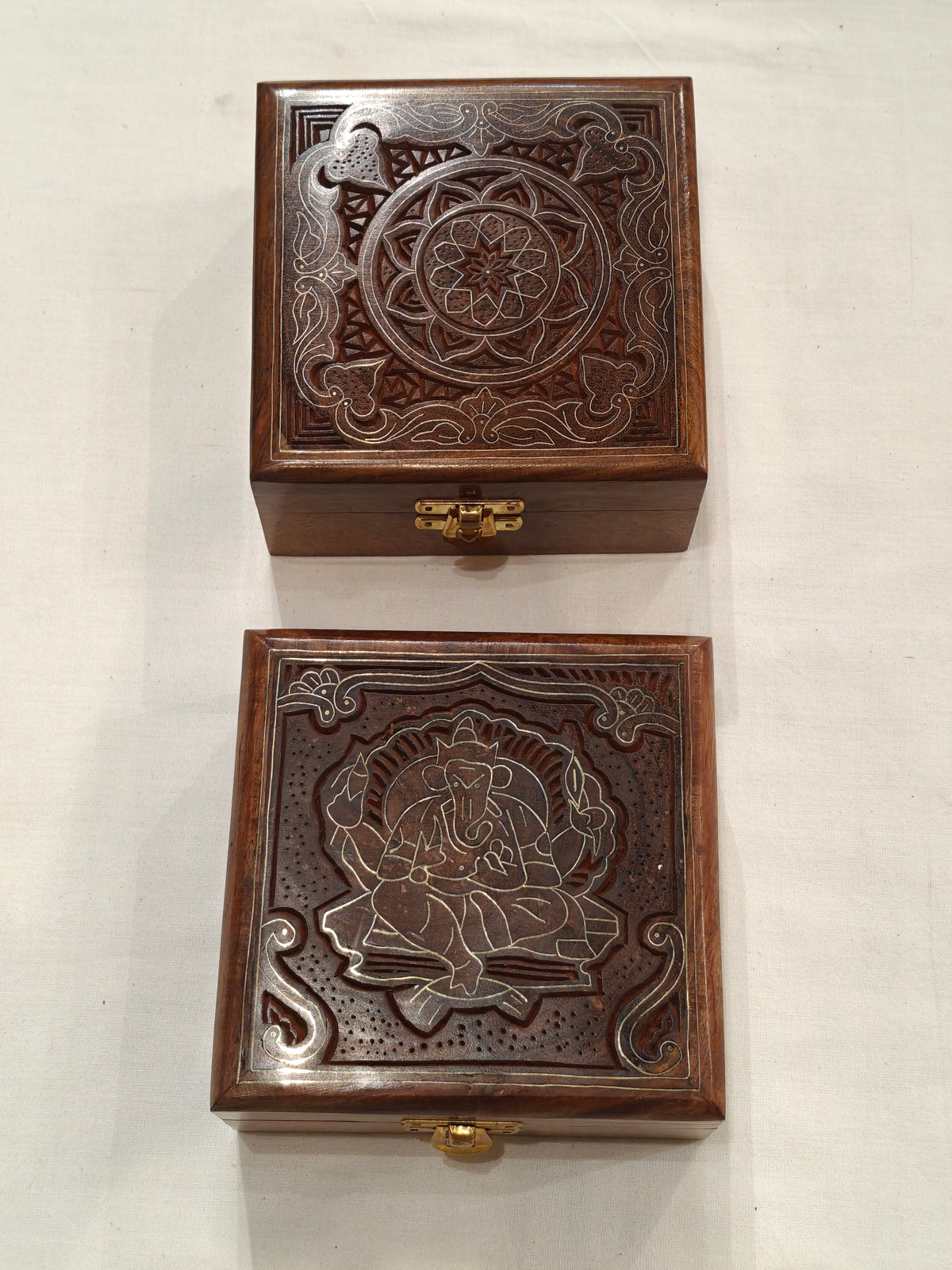 Brass inlay work wooden jewellery box - 5 × 5 × 2.5 Inches