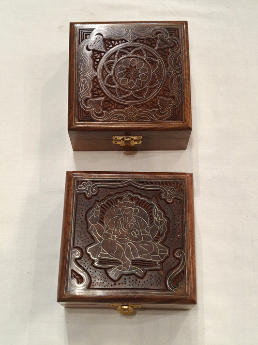 Brass inlay work wooden jewellery box - 5 × 5 × 2.5 Inches