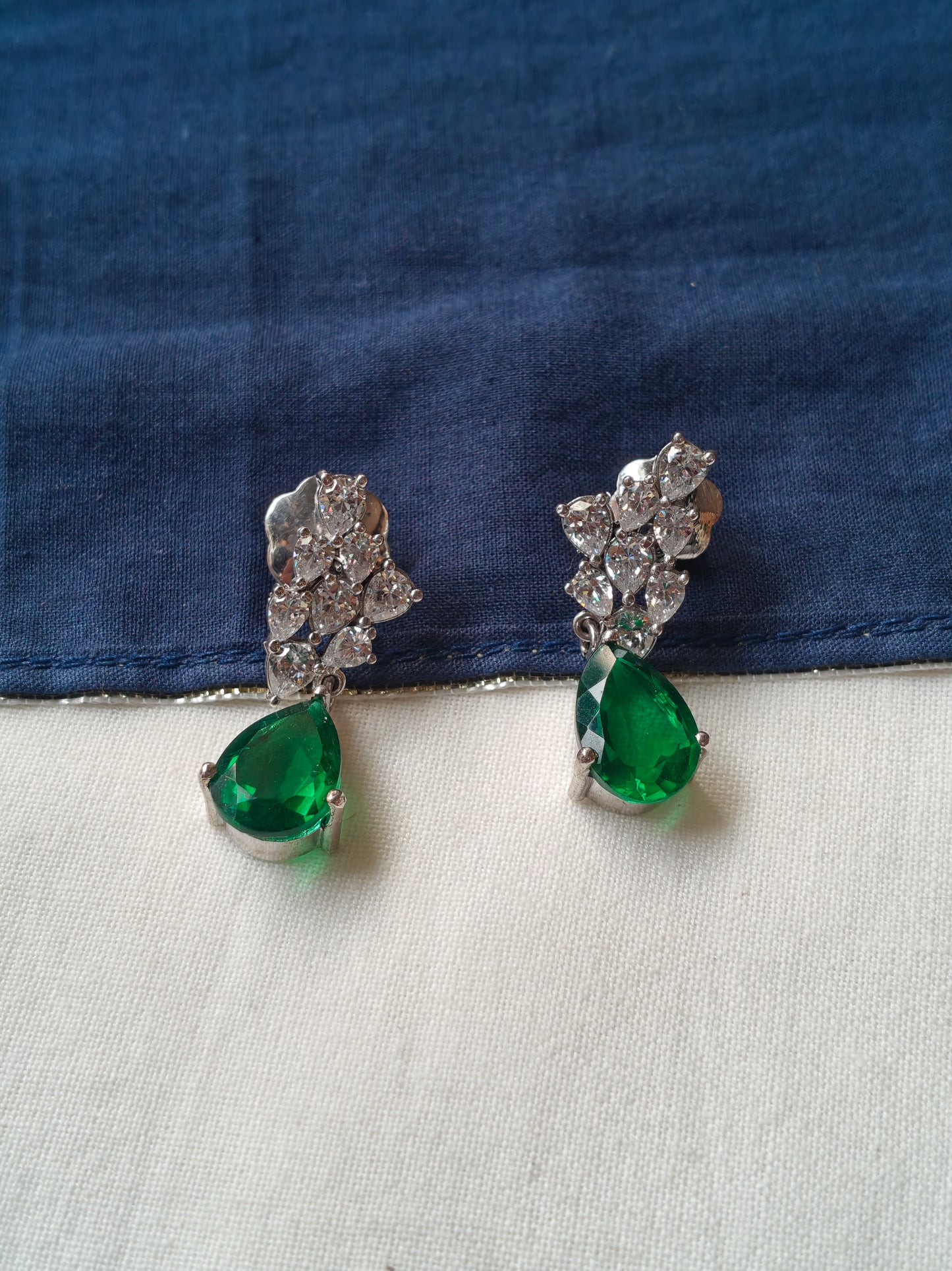 Green and white Swarovski stones drop earrings in 92.5 Sterling silver