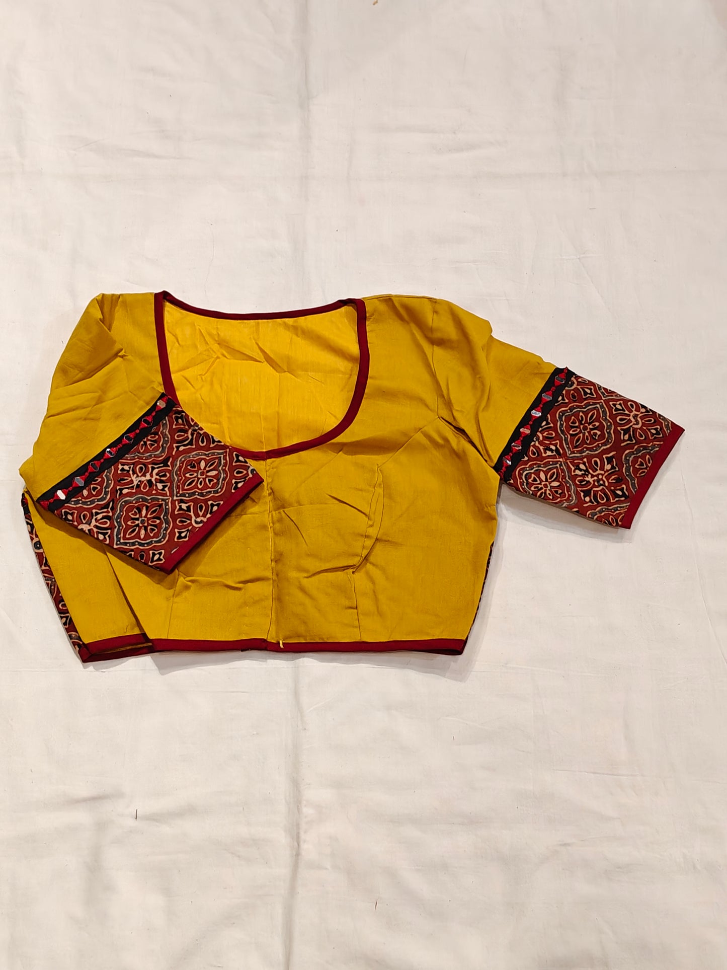 Mustard yellow with maroon ajrakh printed sleeved cotton blouse