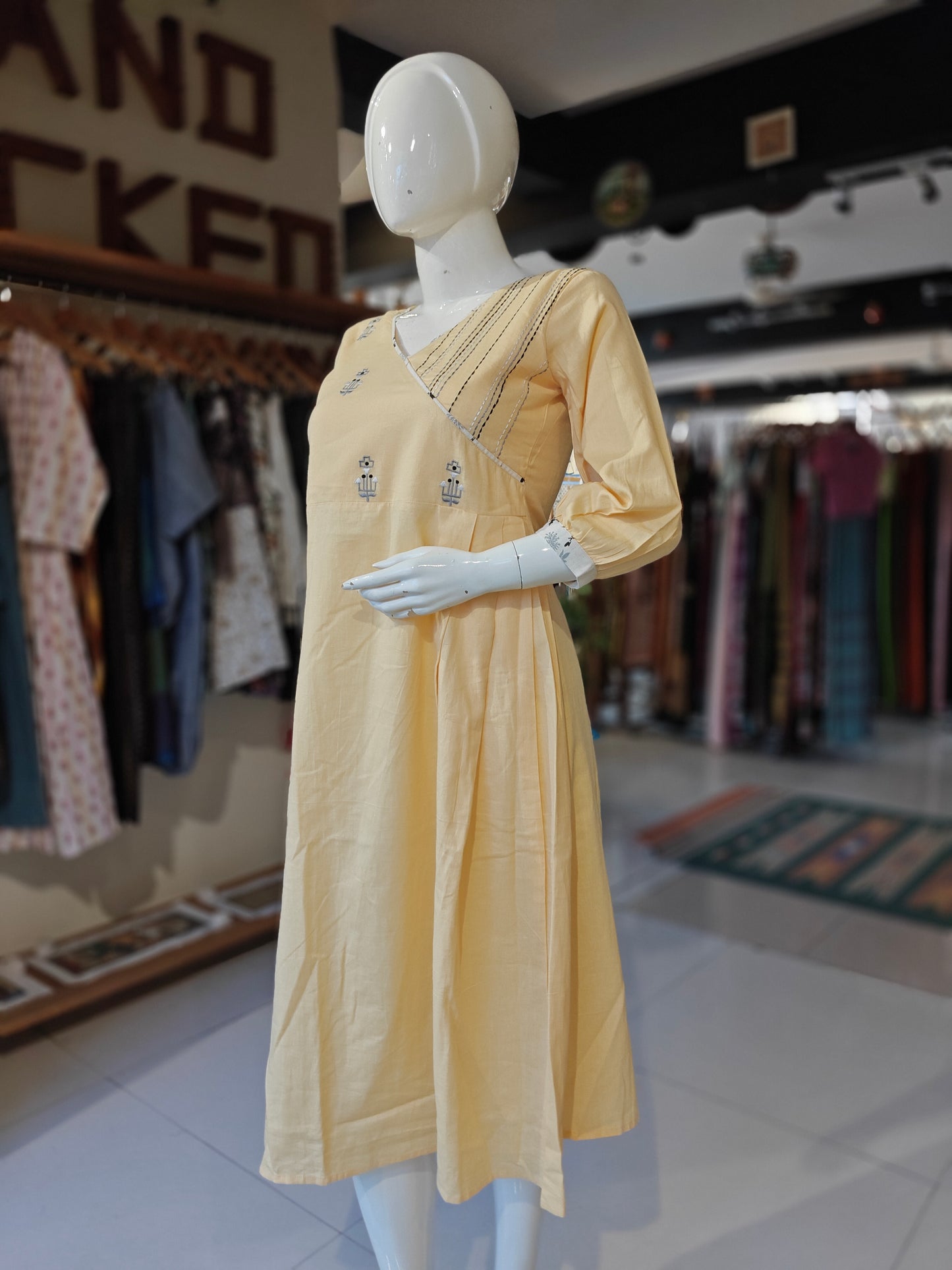 Yellow embroidered flex cotton angrakha style dress